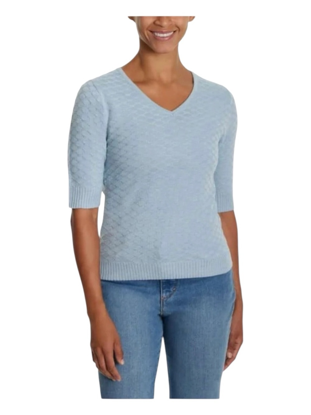 Ella Moss Light Blue V-Neck Elbow Sleeve Knit Sweater Size Small